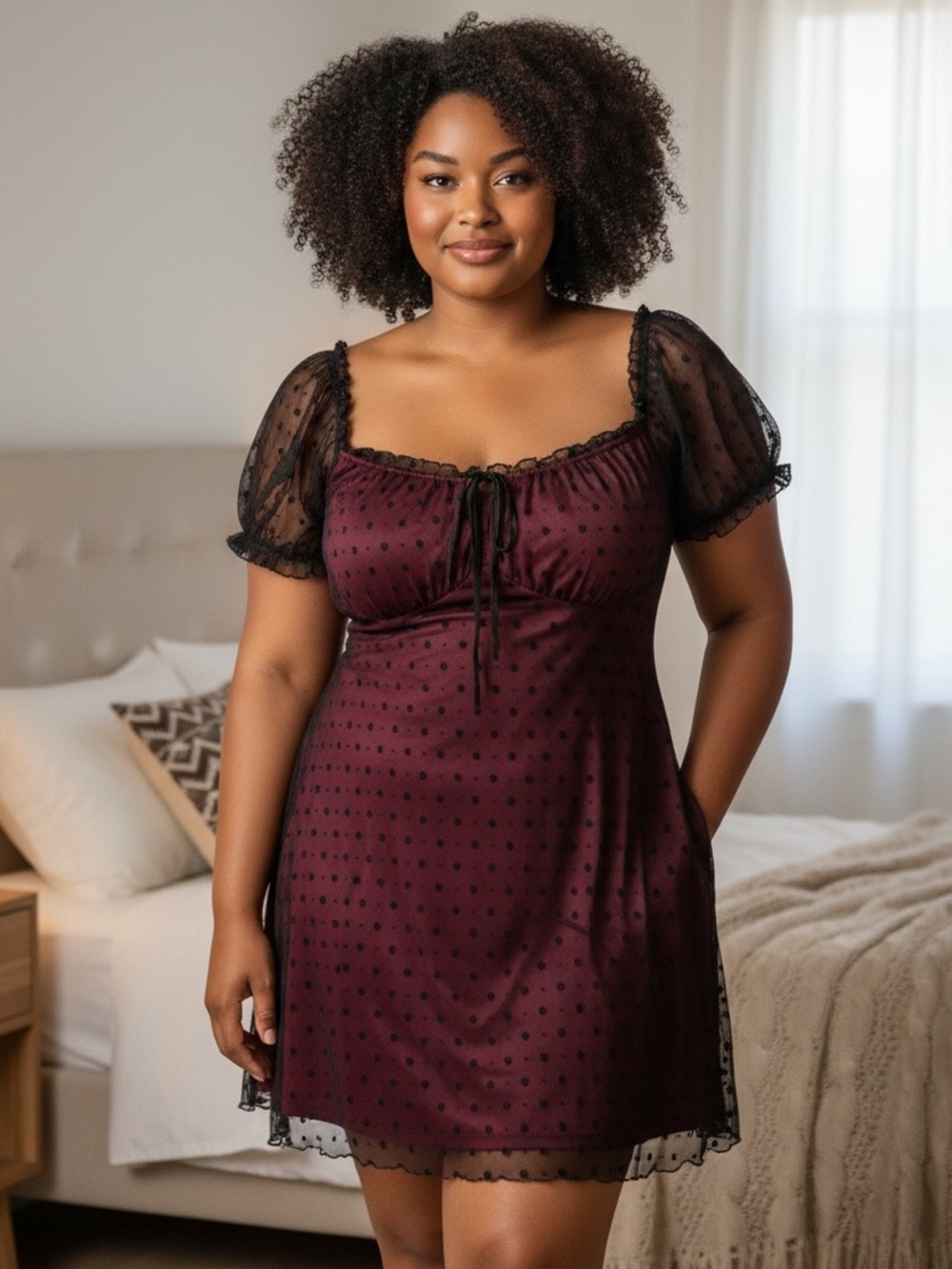 Cider Burgundy Mini Dress with Black Polka-Dot Mesh Stretch 1X